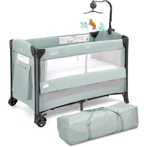 JOYMOR Baby Bassinet, Pack and Play with Bassinet and Carry Bag, Convert to Bedside Sleeper with Wheels for Boys Girls (Green)