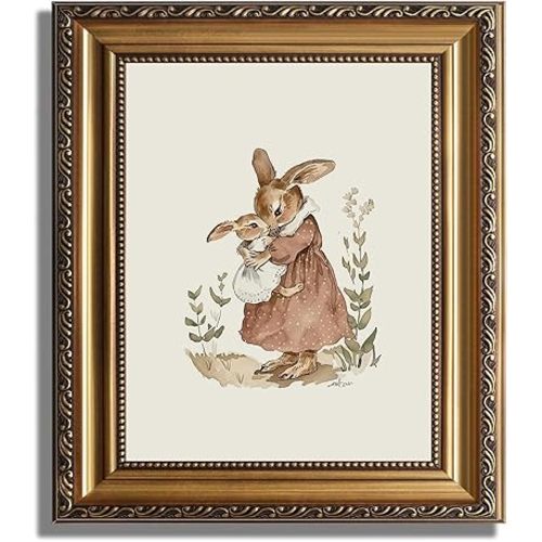 ASTRDECOR Gold Framed Canvas Wall Art, 9x12 Inch Vintage Bunny Mom and Baby Rabbit Print, Cute Nursery Wall Decor for for Baby Girl Room, Toddler Room or Playroom