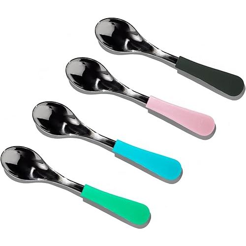 Avanchy Baby Spoons Stainless Steel and Silicone Set, Self Feeding Food Utensils, 4 Months Baby Led Weaning, 4 Pack, Assorted