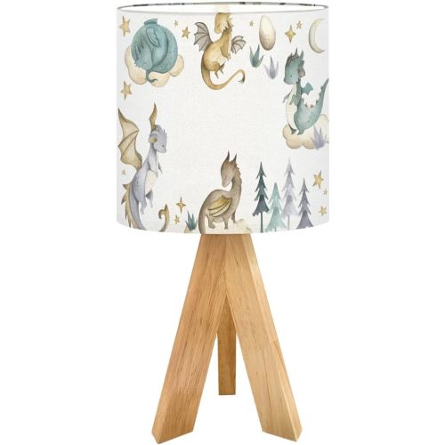 Tripod Bedside Desk Table Lamp Dragon Baby Animals Watercolor Wood Nightstand Lamp with Linen Fabric Shade for Nursery Bedroom Living Room Kids Room