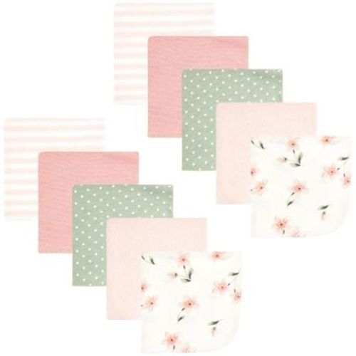 Hudson Baby Infant Girl Flannel Cotton Washcloths, Pink Dainty Floral 10 Pack, One Size