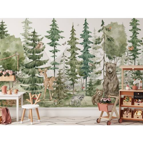 Wild Animals in Fairy Forest Peel and Stick Wall Mural - Green Mystic Woodland Kids Nursery Removable Decal - Self Adhesive Wallpaper WM056