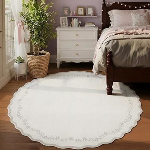 GarveeHome Round Area Rugs 6ft for Bedroom, Solid Beige Washable Circle Rug Soft Non Slip Floral Print Floor Mat Leaves Carpet Indoor Thin Rug for Living Room Dining Room Playroom Nursery