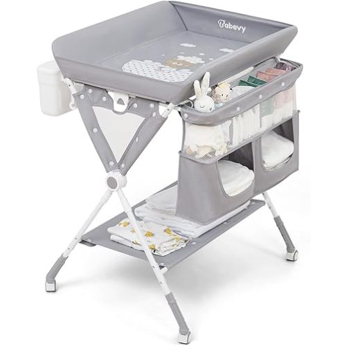 Portable Baby Changing Table, Babevy Foldable Diaper Change Table with Wheels, Adjustable Height, Cleaning Bucket, Changing Station for Infant Mobile Nursery Organizer for Newborn, Light Grey