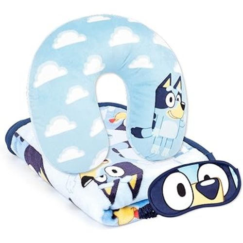 Jay Franco Bluey Kids Travel Set - 3 Piece Set Includes 40 x 50 Throw Blanket, Eye Mask, and Neck Pillow - Super Soft & Cozy Travel Accessories