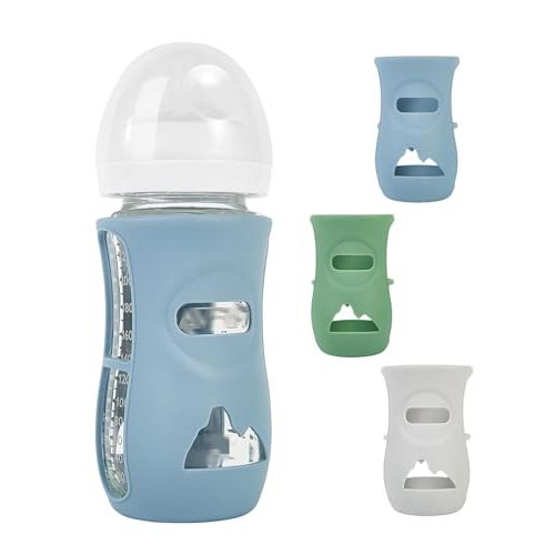 LOTBILL 3 Pack Silicone Sleeves for Avent Natural Glass Baby Bottles, Protection and Insulation, Baby Bottle Sleeve Compatible with Avent Glass Bottles 8 oz, Dishwasher Safe (Blue+Green+Grey)