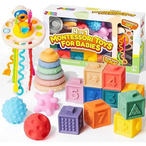 JOYIN Baby Toys - Montessori Toys for Babies 6-12 Months, Food-Grade Sensory Present Infant Stacking Circles Teether, Blocks, 3D Stress Balls, Pull String, Learning Gifts for Baby Girls Boys