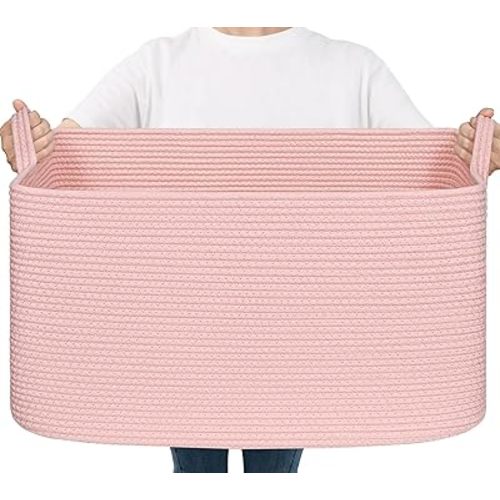 Goodpick Large Blanket Basket, Woven Baskets for Storage, Large Baskets for Organizing, Rectangle Toy Basket for Nursery, Bedroom, 21.6" x 14.9" x 11.8", Pink