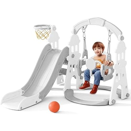 KORIMEFA 4 in 1 Toddler Slide and Swing Set, Kids Climber Slide Playset with Basketball Hoop Playground Swing Set for Indoor Outdoor Backyard Age 1-3 (4 in1-Gray)