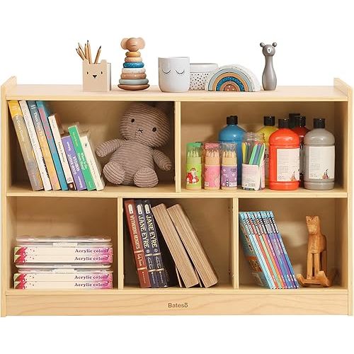 Toy Storage Organizer for Kids Room, Wooden Kids Bookshelf for Classroom, Cube Storage Organizer for Playroom, 5-Section Montessori Bookshelf & Toy Shelf for Nursery