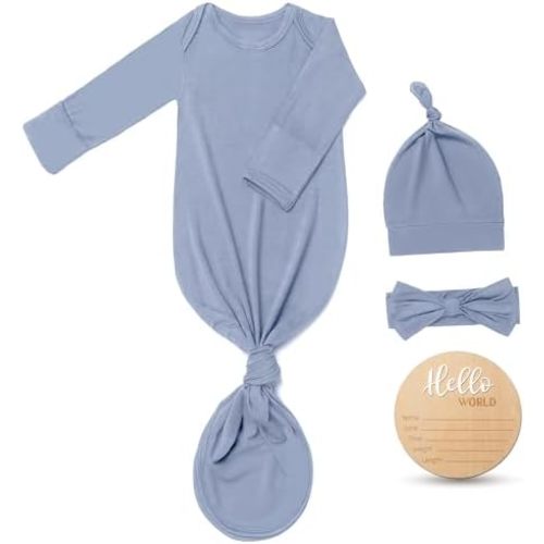 Hello World Newborn Knotted Gown 0-3 Months, Coming Home Outfit Baby Bamboo Viscose Sleeper with Hat,Headband,Wooden Sign