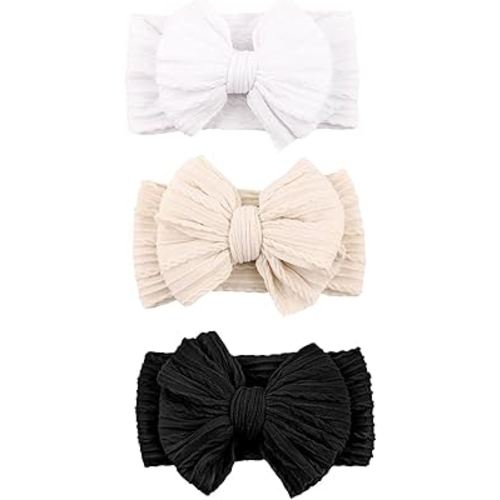 Baby Bows Headbands Nylon Hairbands Baby Girl Bows Hair Accessories for Infant Toddler Essentials(Black White Beige, mid)