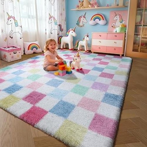 KICMOR Rainbow Checkered 6x9 Area Rugs for Living Room, Large Colorful Fluffy Soft Fuzzy Shag Shaggy Carpet for Bedroom, Cute Indoor Plush Rug for Kids Girls Boys Dorm Nursery Home Decor Aesthetic