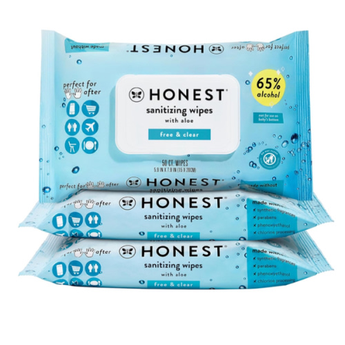 The Honest Company Fragrance Free Sanitizing Alcohol Wipes | Antibacterial + Safe for Hands | Kills 99% of Germs, Made With Aloe | 150 Count (3 Packs of 50)