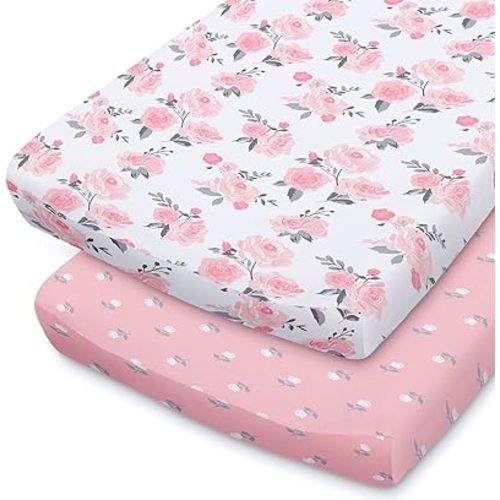 The Peanutshell Pink Floral Changing Pad Cover Set for Baby Girls | 2 Pack Set | Pink Roses & Ditsy Floral