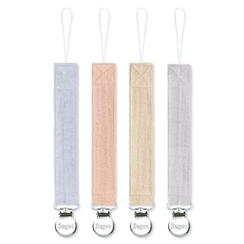 Pacifier Clip for Baby Boy and Girl - Linen Soft Fabric Pacifier Hold with Clip for Binky, Leash Soothie Holder Unisex 4 Pack (Blue)