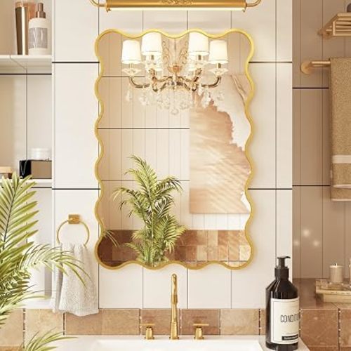 Kelly Miller 24x36 Gold Scalloped Mirror, Wavy Edge Decorative Wall Mirror