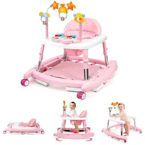 5-in-1 Music and Lights Baby Walker Foldable with 5 Adjustable Heights, Baby Walker with Wheels and Bouncer Combo Portable, Infant Toddler Walker for Baby Boy Girls 6-18 Months