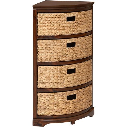 eHemco Hampton Meadows 4 Tier X-Side Corner Table Storage Cabinet with 4 Wicker Baskets, Walnut