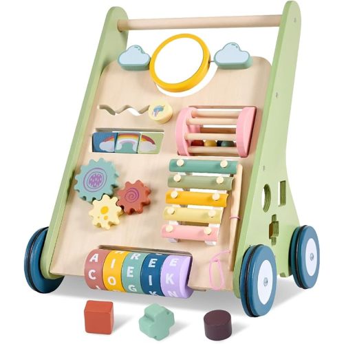 11-in-1 Montessori Baby Walker Toddlers Push Walker Wooden Activity Center Gift for 1 Year Old Boys Girls, Adjustable Speed & Quiet Wheels Learning to Walk Sensory Toys Baby Sit-to-Stand Walking Toys