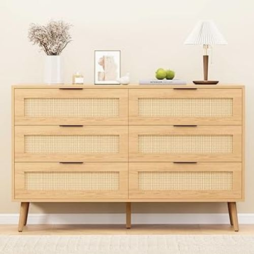 Natural Rattan Dresser for Bedroom with 6 Drawers, Modern Wood 6 Drawer Dresser with Black Handles, Chest of Drawers for Nursery, Living Room, Closet, Entryway, Hallway (Wood)