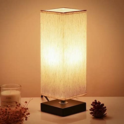 Bedside Table Lamp - Small Bedroom Lamps for Nightstand, 3-Color Options Solid Wood Lamp with Fabric Shade, Minimalist Desk Reading Lamps for Kids Room Living Room Office Dorm (LED Bulb Included)