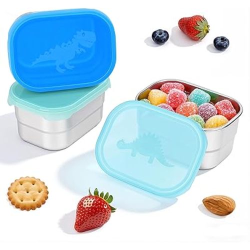 Tanjiae 3×8oz Small Stainless Steel Snack Containers for Kids & Toddlers - 230mL Leakproof Food Containers with Cute Dino Lids | LFGB Certified, Stackable Metal Snack Box for Daycare, School, Travel