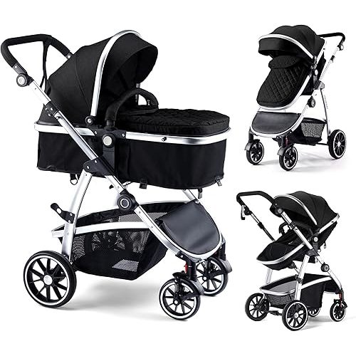 Baby Stroller, 2-in-1 Reversible Toddler seat with Bassinet Mode, Foldable Infant Stroller with Canopy, One Button Brake, Adjustable Handle, Newborn Pushchair(Black)