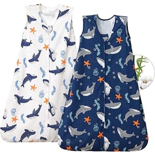 PHF 70% Rayon Derived from Bamboo and 30% Cotton Baby Sleep Sacks 6-12 Months, Baby Sleeping Bag with 2-Way Zipper, 2 Pack 0.5 TOG Soft and Breathable Wearable Blanket for Baby Boys Medium Size, Shark