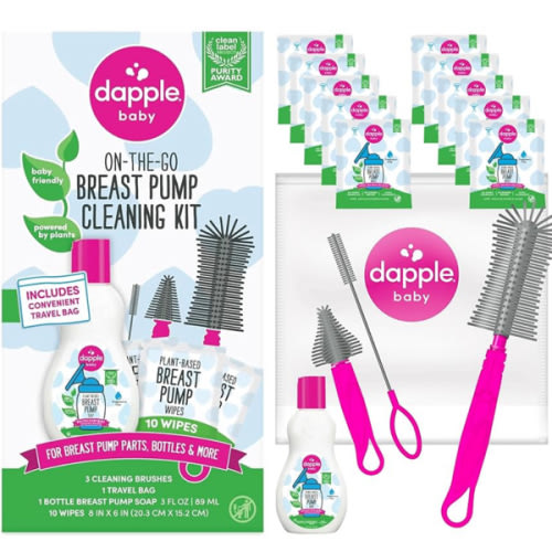 Dapple Breast Pump Cleaning Kit, 3 Baby Bottle Cleaning Brushes, Hypoallergenic & Powered by Plants, Removes Milk Residue, Leaves No Taste, 3oz Soap, 10ct Wipes 3 Cleaning Brushes