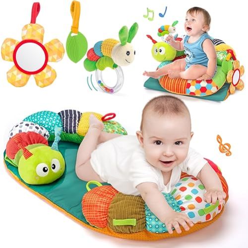 hahaland Upgraded Tummy Time Toys - 4 in 1 Tummy Time Pillow & Baby Sitting Support for Newborn Infant Baby 0-3 Months Early Development Detachable Teether Rattle Sensory Play for 0 3 6 9 12 Months