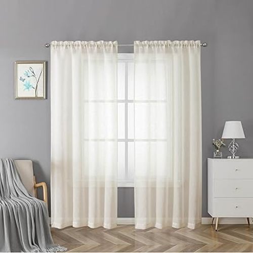 Lecloud Doris Slub Textured Sheer Linen Curtains 72 Inch Length 2 Panels, Double Rod Pockets Window Living Room Curtain for French Door, Solid Voile Kitchen Bedroom Window Drapes, 40x72 Inches