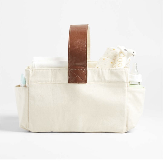 Canvas Diaper Caddy Organizer with Brown Leather Handle