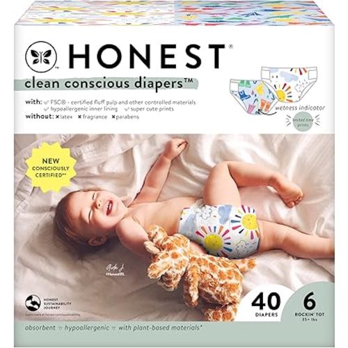 The Honest Company Clean Conscious Diapers | Plant-Based, Sustainable | Limited Edition Prints | Club Box, Size 6 (35+ lbs), 40 Count