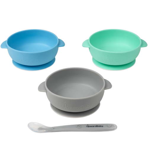 UpwardBaby Silicone Suction Bowls with Spoon, 4 Piece Set, BPA Free, 6m+, Green/Blue/Gray