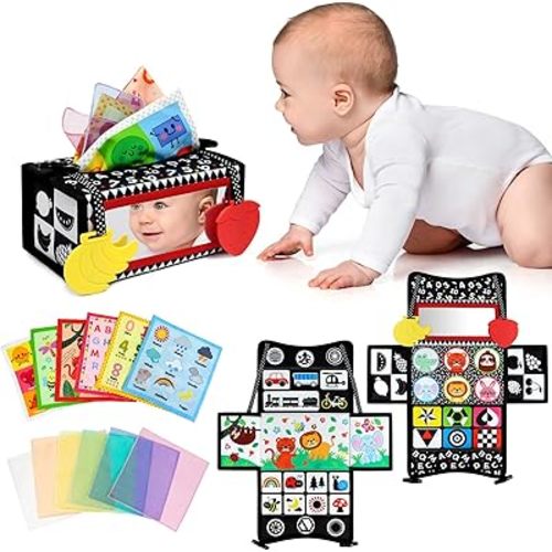 Dr.Rapeti Tummy Time Mirror Toy Tissue Box Toy 3in1 Baby Toy Black and White High Contrast Double-Sided Foldable Sensory Montessori Toy Crinkle Silk Scarves Teethers 0-6 6-12 Month Newborn Infant Baby