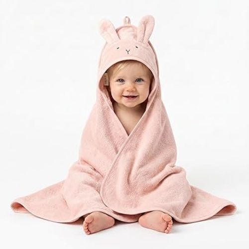 Hooded Baby Towel – 100% Organic Cotton Baby Bath Towels – Baby Girl Newborn Essentials - Super-Soft and Absorbent. (Rabbit - Blush)