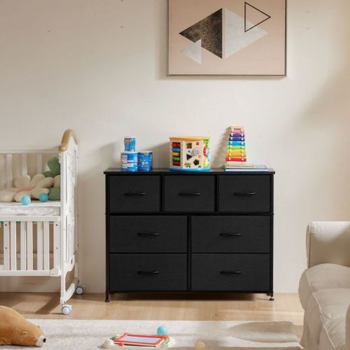 SEVOBAL Utility Storage Cabinets 7 Dressers Fabric Storage Tower, Wooden Top for Kid Room, Closet, Entryway, Nursery, Black, 39.3"*11.8"*30.3"