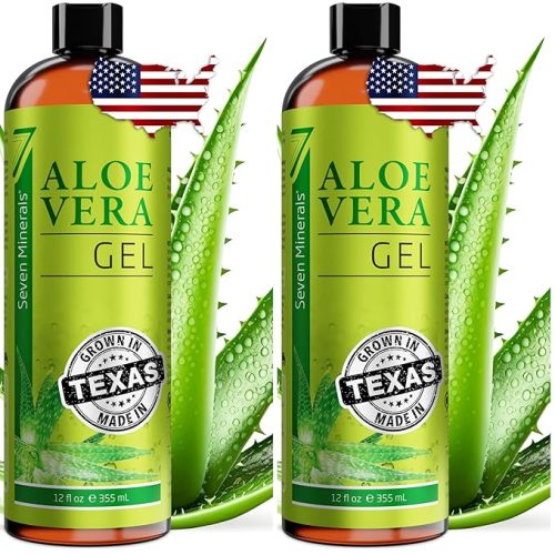 Seven Minerals Organic Aloe Vera Gel from freshly cut 100% Pure Aloe - Big 12oz - HighestQuality, Texas grown, Vegan, Unscented - For Face, Skin, Hair, Sunburn relief (Pack of 2)