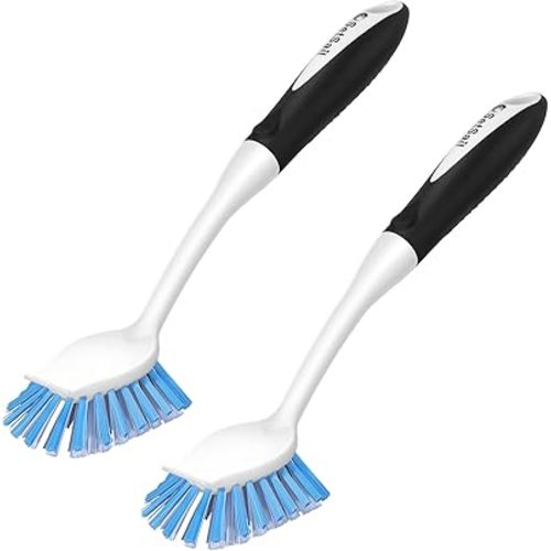 SetSail Dish Brush with Handle, 2 Pack Stiff Bristles Dish Scrubber with Built-in Scraper Dish Scrub Brushes for Cleaning Dishes, Pots and Pans, Kitchen Sink, Grey