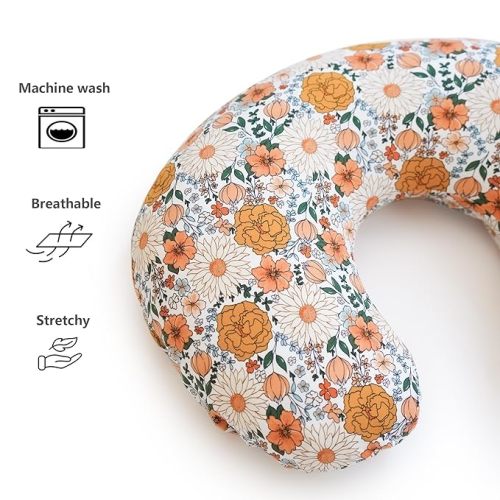 Konssy 2 Pack Nursing Pillow Covers, Stretchy and Soft Nursing Cover for Breastfeeding Pillows, Pillow Slipcover for Baby Girls Boys Newborn (Beige, Floral)