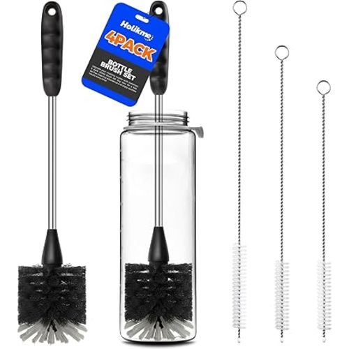 Holikme Bottle Brush Cleaner Set, 14" Long Handle Stainless Steel Bottle Cleaner Brush, 3 Straw Cleaner Brush, Bottle Cleaning Brush for Water Bottle, Cups, Abrasive Wheel Brushes, Straws Black