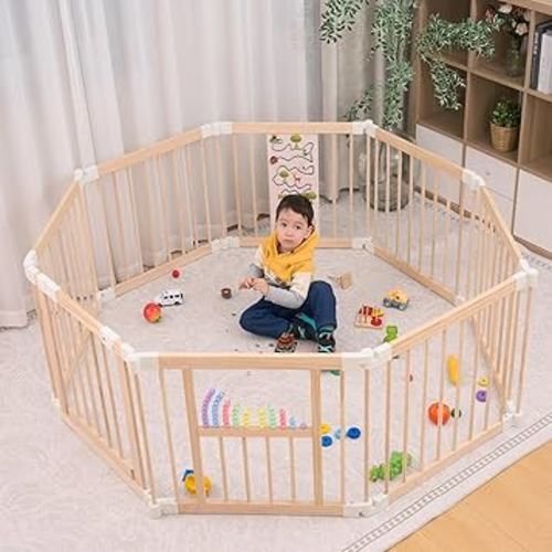 Retractable Baby Gates & Foldable Play Yard - Portable Wooden Playpen with Locking Gate (57x57x24 inches) for Babies & Toddlers