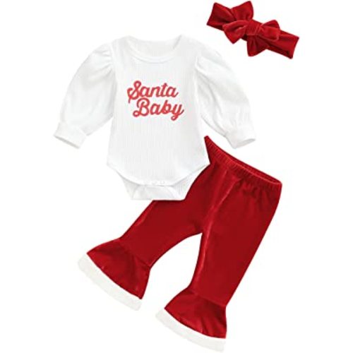 Newborn Baby Girls Christmas Outfits Long Sleeve Solid Color Romper Velvet Flared Pants With Headband Fall Winter Clothes