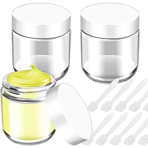 MotBach 3 Pack 4oz Glass Jars with Lids, 4ounce Small Glass Containers with Lids and Inner Liners, 120ml Clear Round Jars Travel Toiletries with Spatula for Makeup Cosmetic Salve LipBalm Cream Lotion