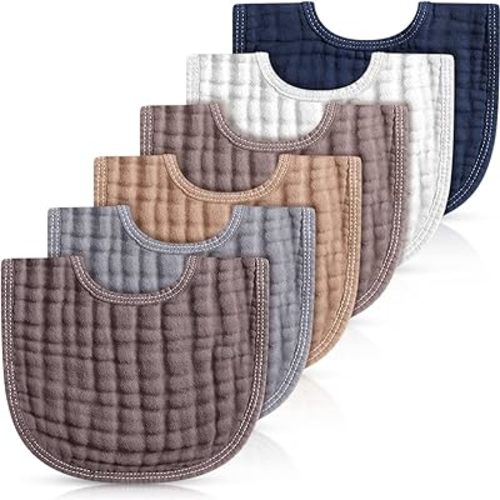 Frienda 6 Pcs Muslin Bibs Burp Cloths for Baby Teething Bandana Bibs 6 Absorbent Layer for Baby Boy Girl Cotton Burping Cloth(Gray Series)