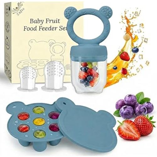 Baby Fruit Feeder Pacifier - BPA-free Frozen Food Feeder Breast Milk Popsicle Mold - Teething Relief Baby 4M+ Eating Feeding Essentials(Bear Blue)