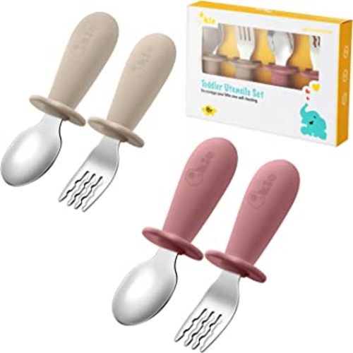 Qkie 4 Pack Toddler Utensils, Toddler Forks and Spoons, Baby Spoons Self Feeding, Stainless Steel Baby Silverware with BPA Free Silicone Easy Grip, 8 Months+