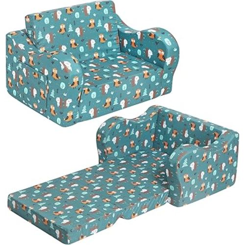 Happy Owl Kids Sofa, 2-in-1 Kids Couch Fold Out, Convertible Sofa to Bed for Girls and Boys