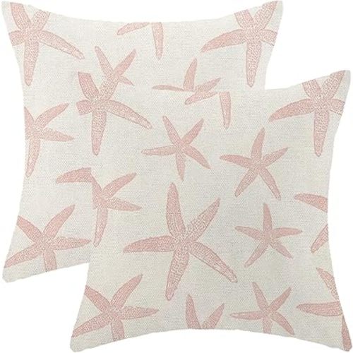 Coastal Pillow Covers 18x18 Pack of 2 Ocean Themed Pink Starfish Throw Pillow Covers Outdoor Decoration,Summer Beach Nautical Decor Pillowcase Linen Decorative Cushion Case for Home Sofa Couch